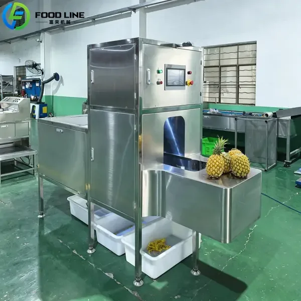 Pineapple peeling and coring machine producing uniform cylinders