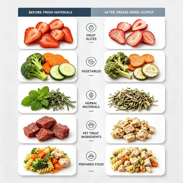 Vacuum freeze dryer preserving colour and structure of fruit pieces